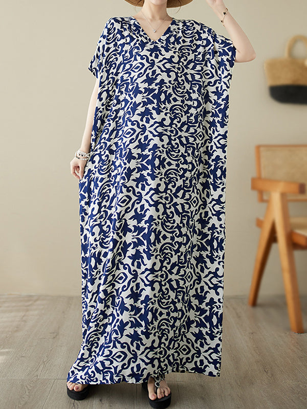Floral Printed Batwing Sleeves Loose V-Neck Maxi Dresses