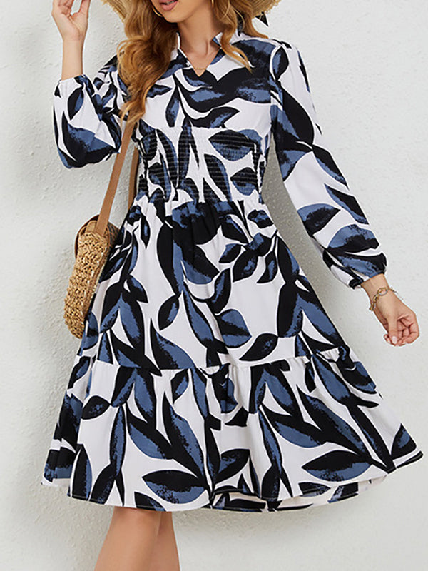 Elasticity Flower Print Ruffled Split-Joint A-Line High Waisted V-Neck Midi Dresses