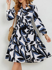 Elasticity Flower Print Ruffled Split-Joint A-Line High Waisted V-Neck Midi Dresses