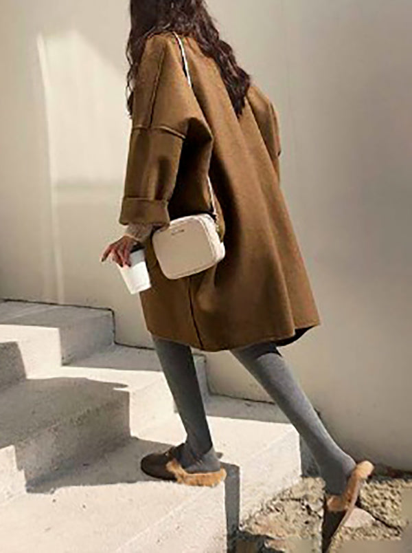 Buttoned Pockets Solid Color Split-Joint Long Sleeves Loose Notched Collar Woolen Coat