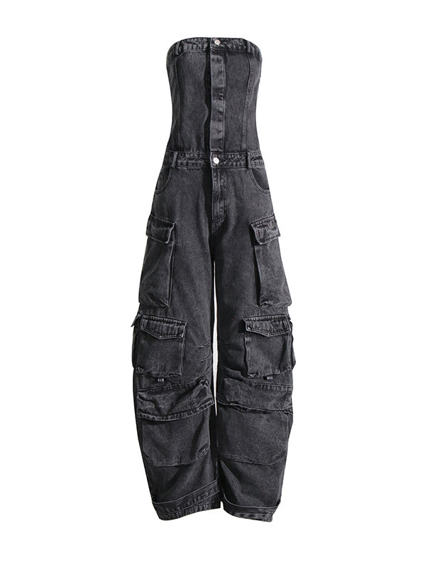 Buttoned Pockets Wide Leg High Waisted Sleeveless Tube Jumpsuits