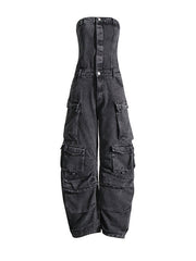 Buttoned Pockets Wide Leg High Waisted Sleeveless Tube Jumpsuits