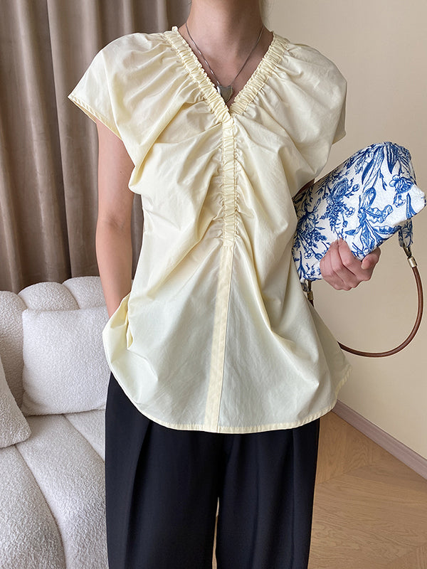 Elasticity Pleated Solid Color Split-Joint Flying Sleeves V-Neck Blouses&Shirts Tops