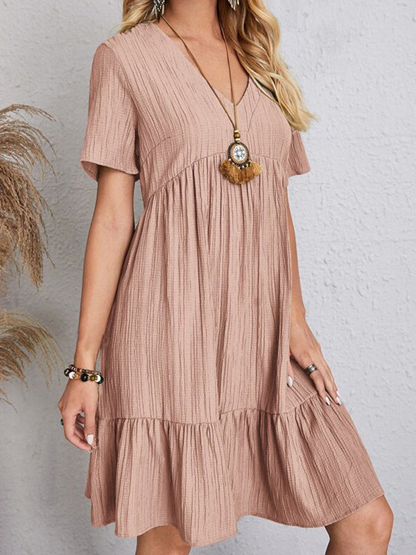 Pleated Solid Color Split-Joint A-line Loose V-neck Mini Dresses
