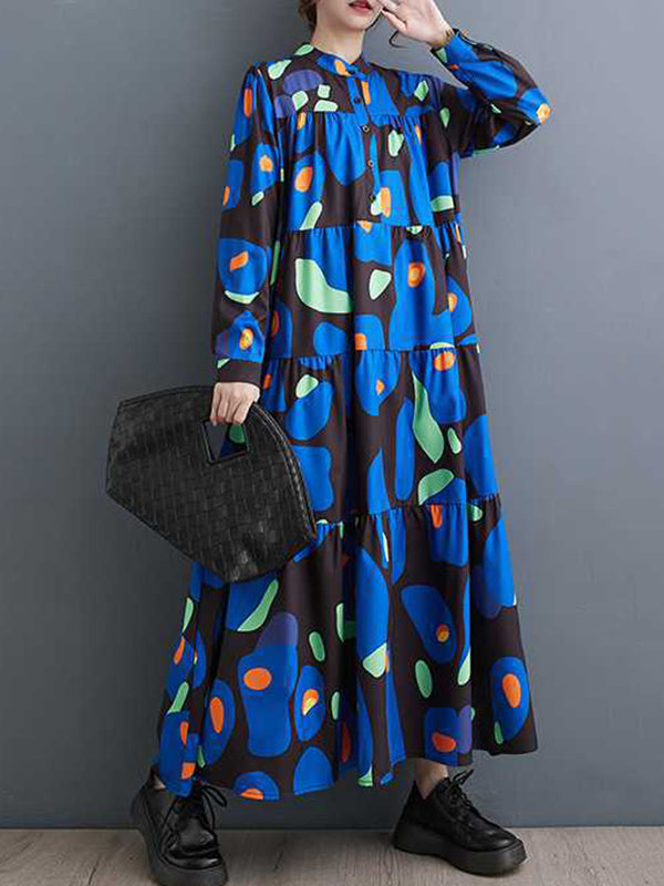 Buttoned Pleated Printed Split-Joint A-Line Long Sleeves Round-Neck Midi Dresses