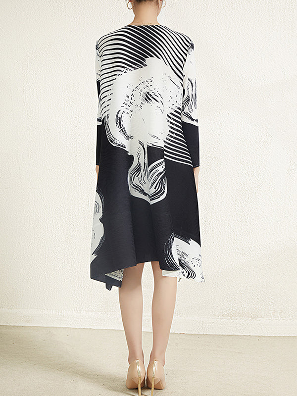 Pleated Printed Long Sleeves Loose Round-neck Midi Dresses