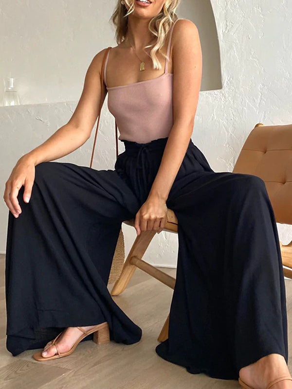 Drawstring Elasticity Pleated Pockets Solid Color High Waisted Loose Trousers Pants