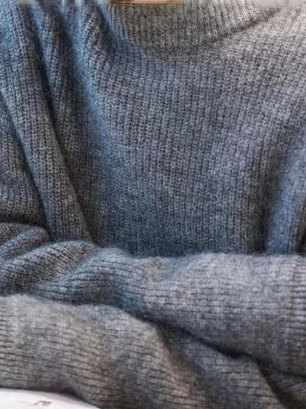 Solid Color Long Sleeves Loose Round-Neck Sweater Tops Pullovers