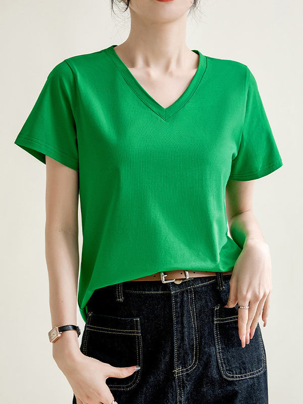 Solid Color Loose Short Sleeves V-Neck T-Shirts Tops