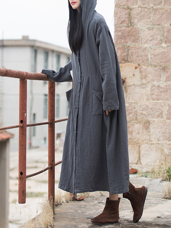 Solid Color Split-Joint Long Sleeves Loose Hooded Outerwear