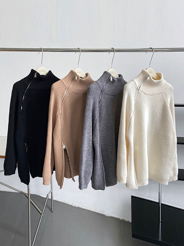 Urban Loose Long Sleeves Split-Side Solid Color Zipper Halter-Neck Sweater Tops