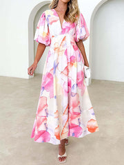 Flower Print Pleated Split-Joint Zipper A-Line High Waisted V-Neck Maxi Dresses