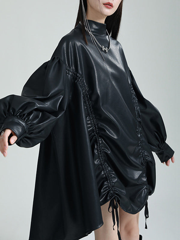 Drawstring Pleated Solid Color High-Low Long Sleeves Stand Collar Mini Dresses