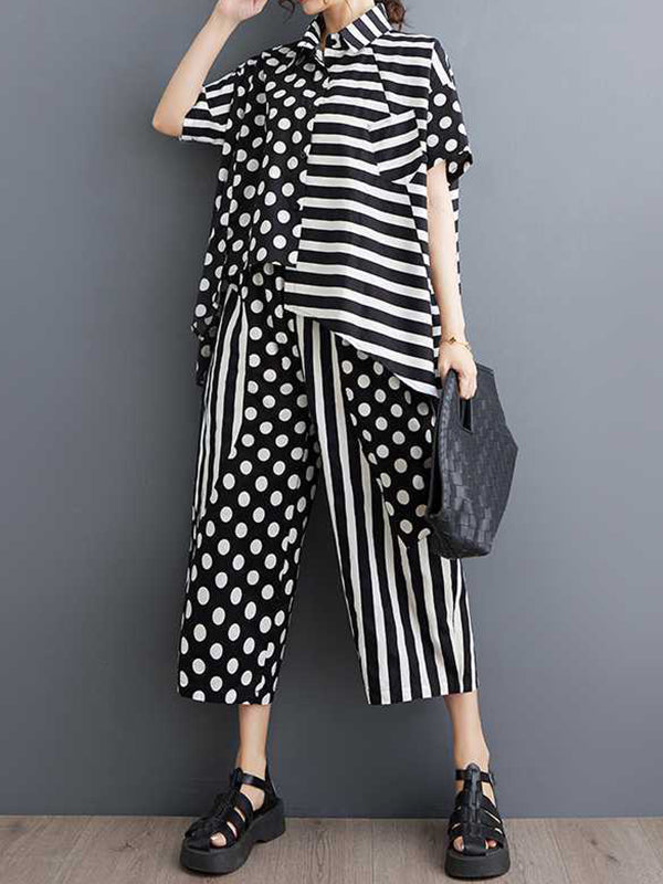 High-Low Asymmetric Half Sleeves Contrast Color Polka-Dot Split-Side Striped Lapel Blouses Top + Pants Bottom Two Pieces Set