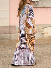 Printed Split-side Tiger Skin Pattern Batwing Sleeves Loose V-neck Maxi Dresses Beach Cover-Up