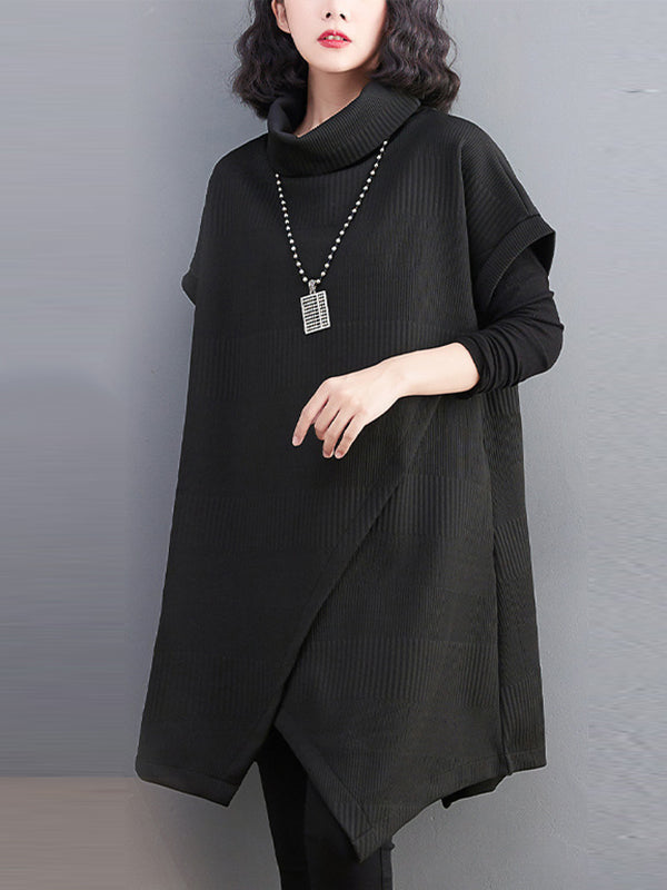 Asymmetric Solid Color Split-front Split-Joint Loose Raglan Sleeve High-neck Mini Dresses Knitwear