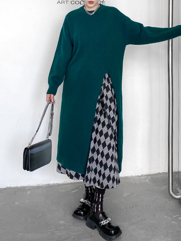 Solid Color Split-side Long Sleeves Loose Round-neck Sweater Tops