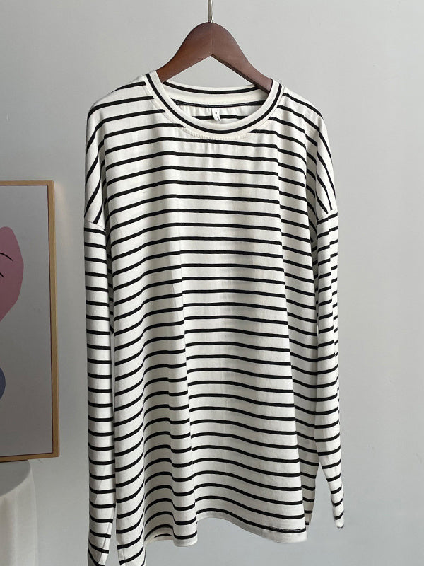 Split-Joint Split-Side Striped Long Sleeves Loose Round-Neck T-Shirts