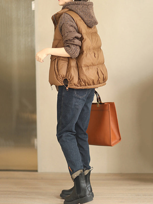 Original Creation Loose Sleeveless Solid Color Zipper High-Neck Vest Outerwear