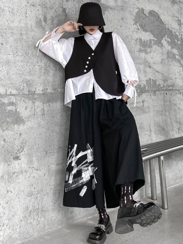 Original Loose Lace-Up Hollow Sleeve Blouse+Black Vest+Wide Leg Pants Culotte Three Pieces Set