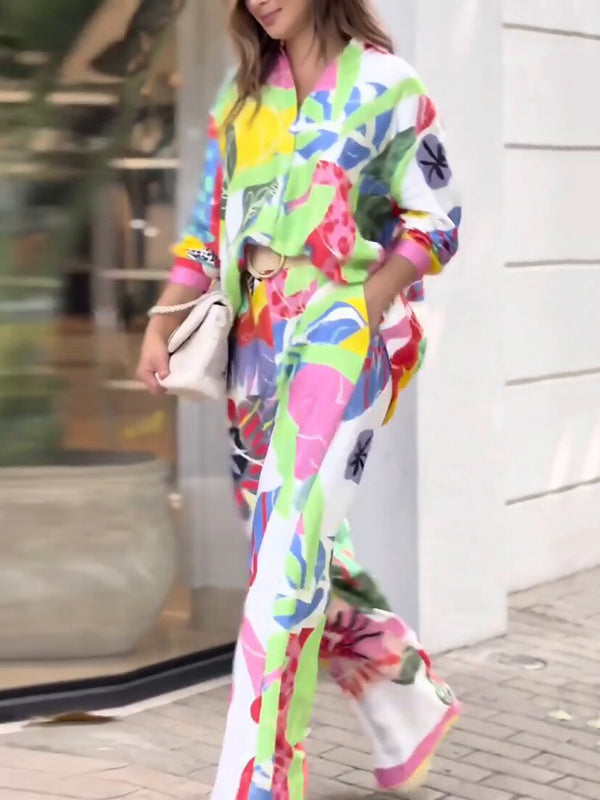 Contrast Color Printed Lapel Long Sleeves Buttoned Blouses Top+ High Waisted Pants Bottom Two Pieces Set