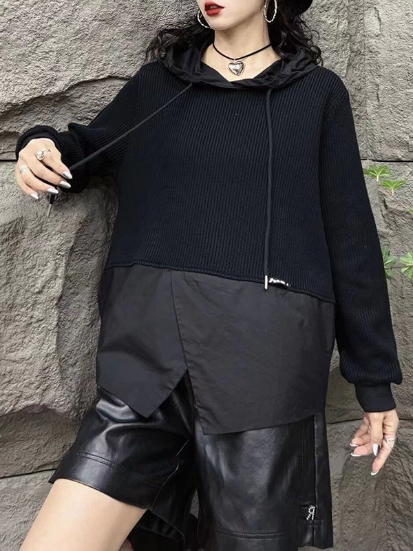 Drawstring Split-front Split-Joint Hooded Long Sleeves Hoodies Tops