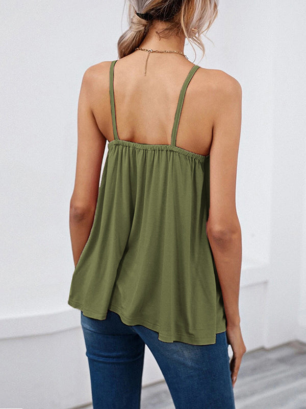 Pleated Solid Color Split-Joint Sleeveless Spaghetti-Neck Camis