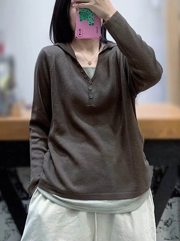 Asymmetric Buttoned Split-Joint False Two Hooded V-neck T-Shirts Tops Knitwear