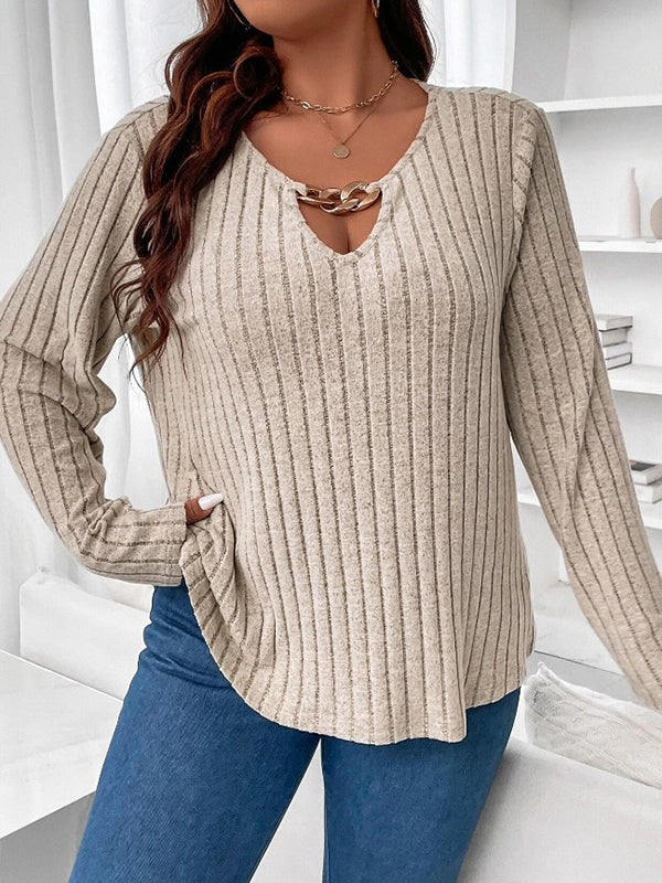 Solid Color Long Sleeves Loose V-Neck T-Shirts Tops