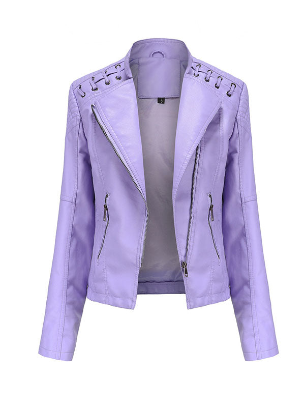 Split-Joint Zipper Long Sleeves Mock Neck Outerwear PU Jackets