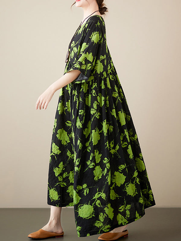Floral Pleated Loose Round-neck Midi Dresses