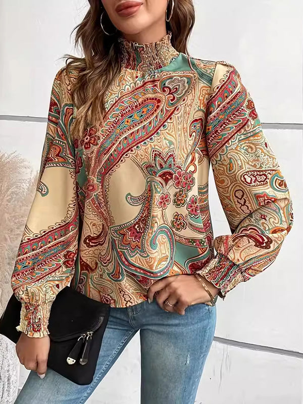 Buttoned Elasticity Flower Print Hollow Split-Joint Long Sleeves Loose Mock Neck Blouses&shirts Tops