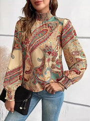 Buttoned Elasticity Flower Print Hollow Split-Joint Long Sleeves Loose Mock Neck Blouses&shirts Tops