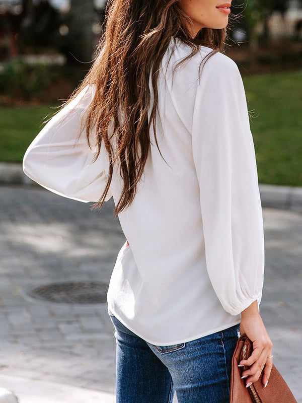 Elasticity Pleated Ruffle Trim Solid Color Long Sleeves Loose Deep V-Neck T-Shirts Tops
