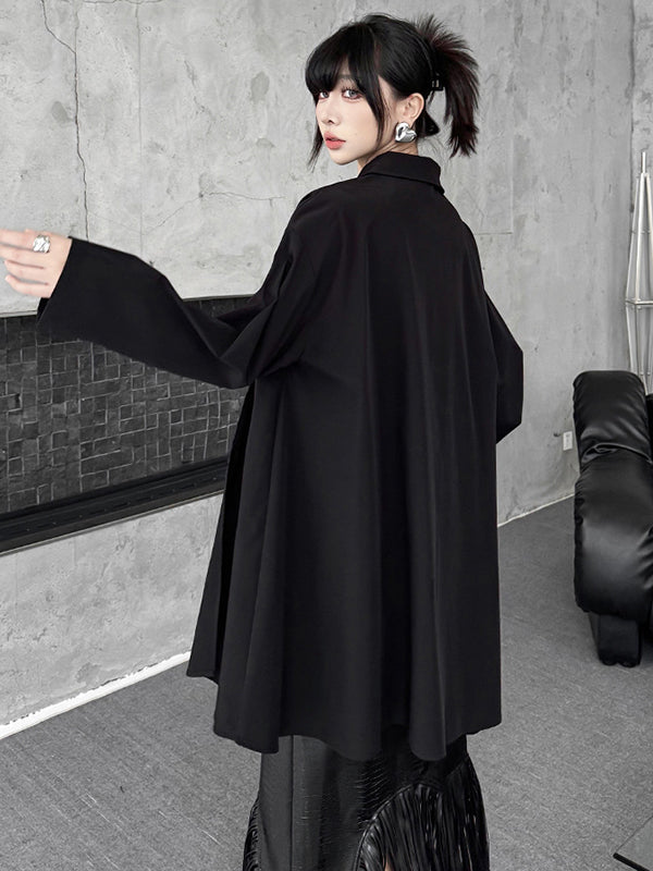 Buttoned Pleated Solid Color Split-Joint High-Low Irregularity Shirt Collar Blouses&Shirts Tops