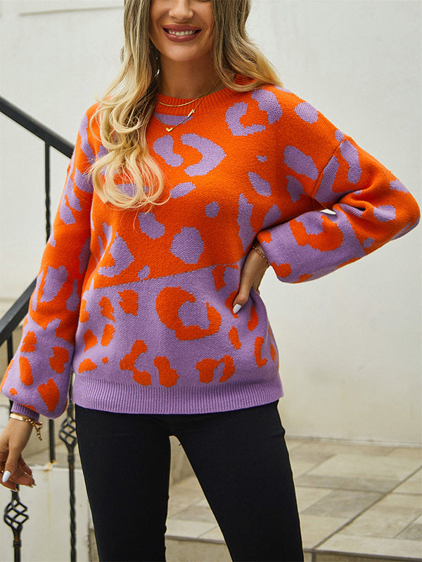 Leopard Split-Joint Long Sleeves Loose Round-Neck Sweater Tops Pullovers