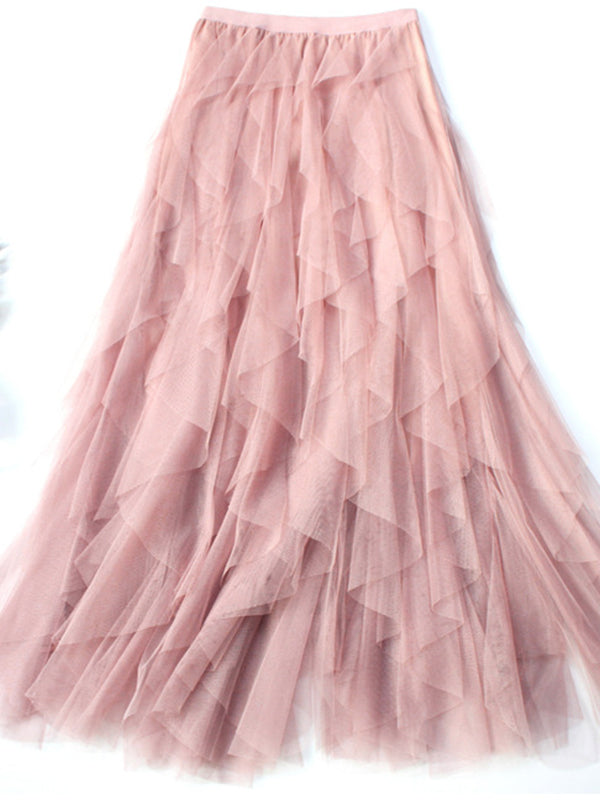 Original Stylish Irregular Mesh Solid Color Skirt