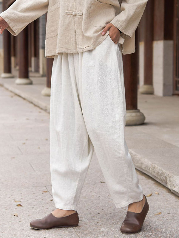 Simple Casual Loose Solid Color Ramie Cotton Pants