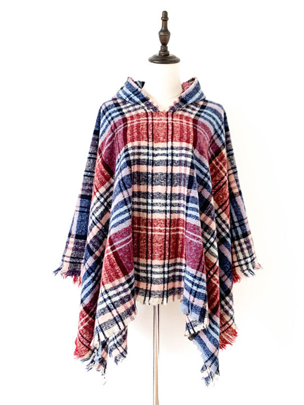 Fringed Hooded Keep Warm Plaid Shawl&Cloak Cape