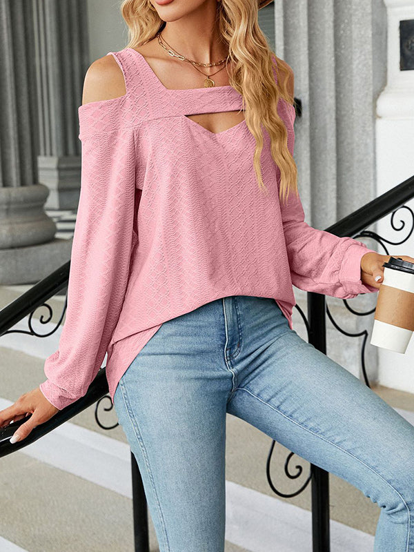 Hollow Jacquard Solid Color Long Sleeves Loose U-Neck T-Shirts Tops