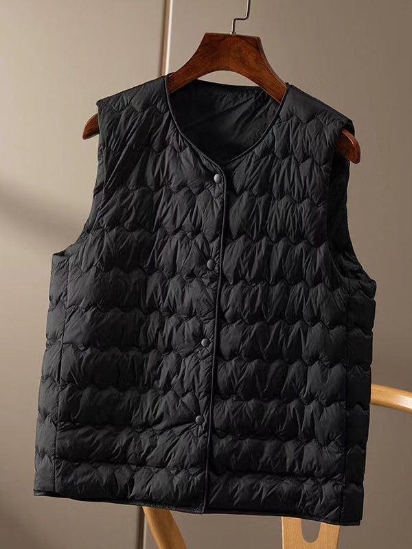 Buttoned Quilted Solid Color Loose Sleeveless Round-Neck Padded Vest