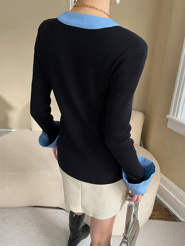 Original Long Sleeves Skinny Buttoned Contrast Color V-Neck Cardigan Tops