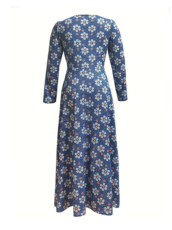 Flower Print Split-Joint A-Line Long Sleeves Deep V-Neck Maxi Dresses