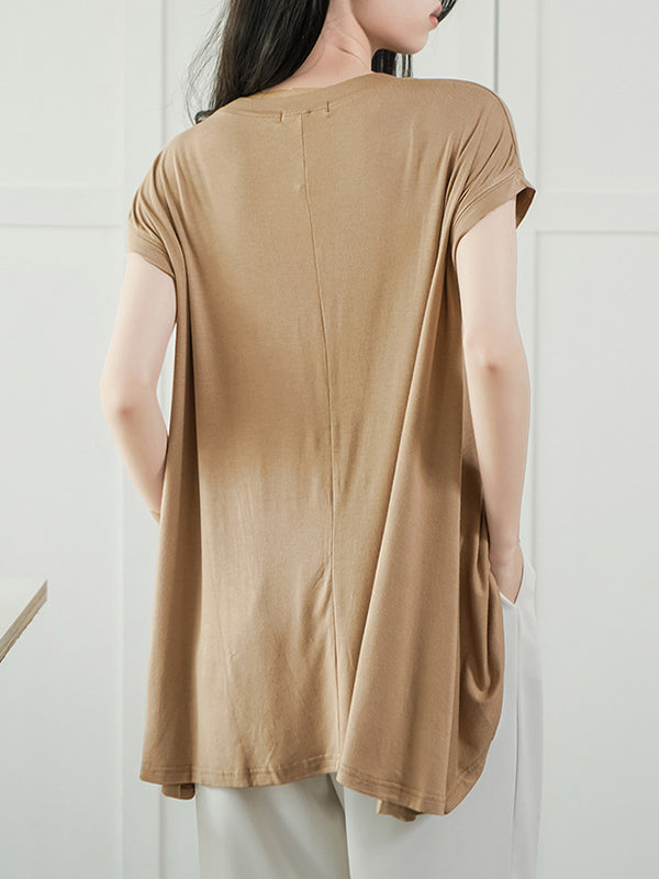 Asymmetric Solid Color High-Low Loose Round-Neck T-Shirts Tops