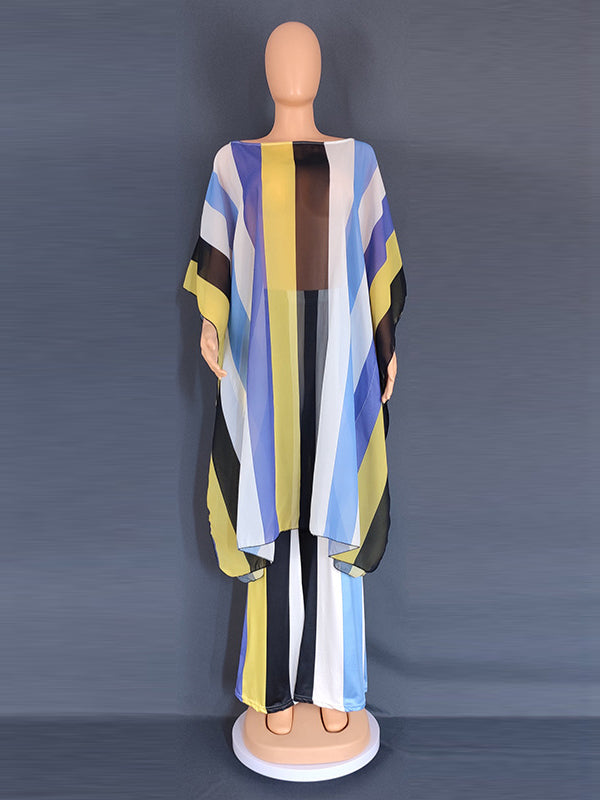 Contrast Color See-Through Split-Side Striped Batwing Sleeves Loose Two Pieces Set Pants Set