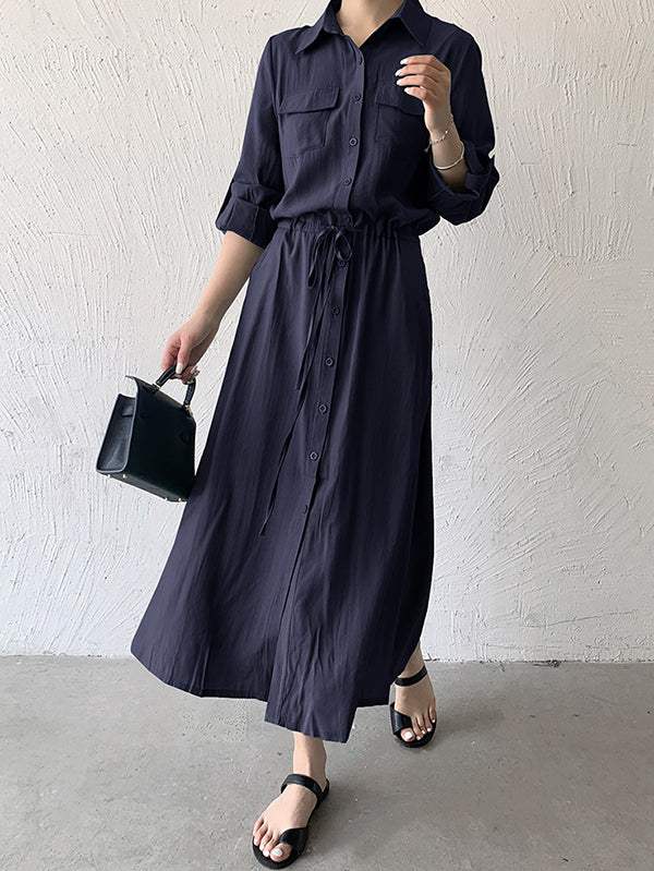 Casual A-Line Long Sleeves Bandage Solid Color Lapel Collar Shirt Midi Dresses