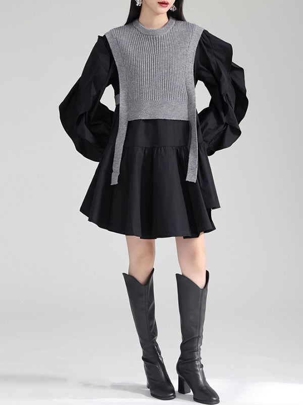 Ruffled Split-Joint Long Sleeves Loose Round-Neck Inner Mini Shirt Dress + Outer Vest Two Pieces Set