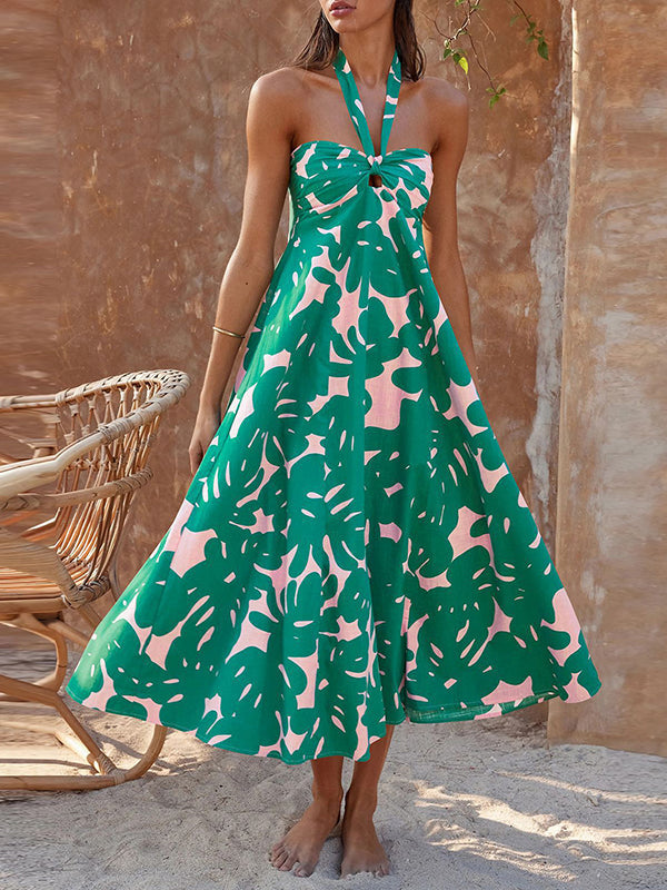 Hollow Printed Split-Joint A-line Loose Halter-Neck Midi Dresses