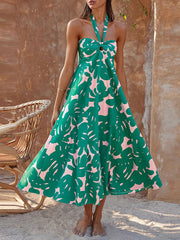 Hollow Printed Split-Joint A-line Loose Halter-Neck Midi Dresses