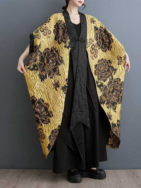 Flower-Embellished Chinese Frog Buttons Pleated Split-Joint Batwing Sleeves Loose V-Neck Outerwear